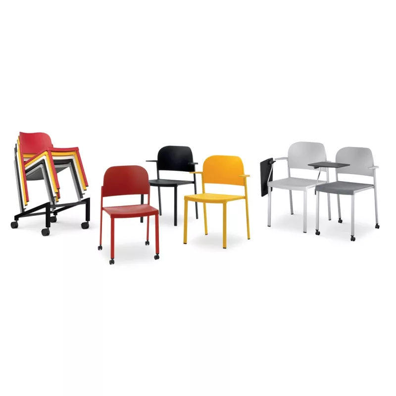 Chaise Romy de collectivité en ABS de couleur EOL avec accoudoirs et tablette écritoire