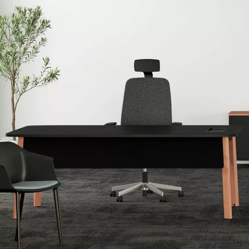 KARL DIRECTION VDF│Bureau de direction - avec voile de fond - plateau droit│Bois noir / Chêne massif