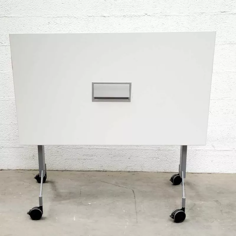 EUREKA│Table abattante 120x70 plateau blanc pieds gris aluminium avec trappe