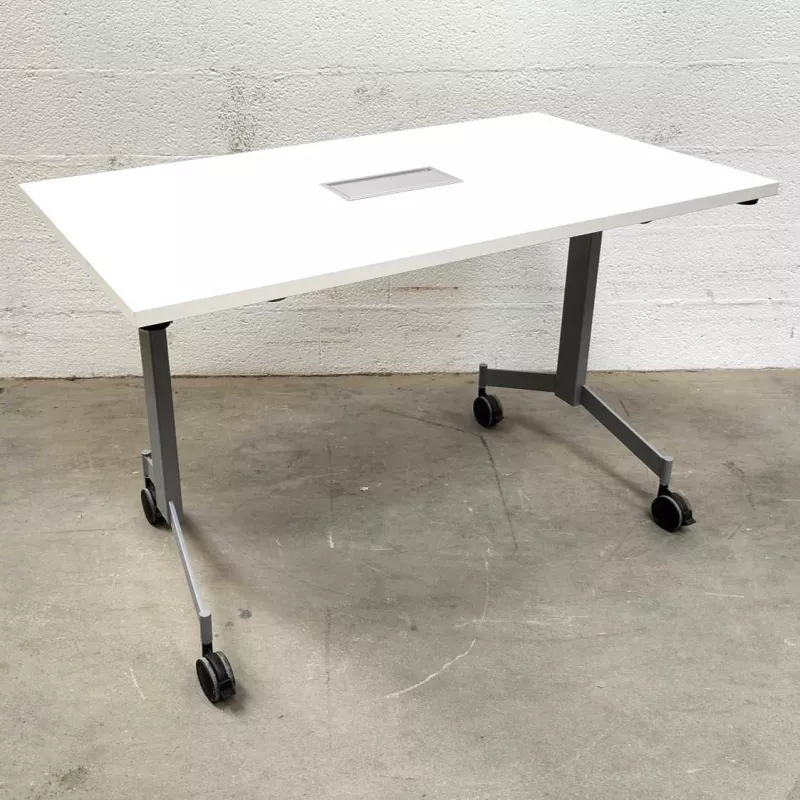 EUREKA│Table abattante 120x70 plateau blanc pieds gris aluminium avec trappe