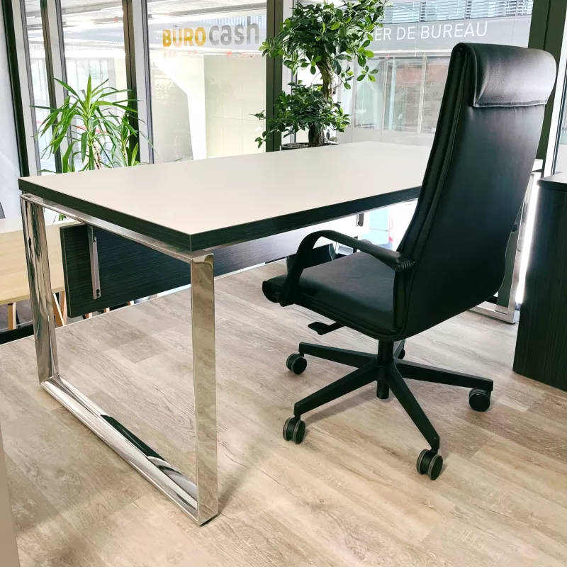 SILVER│Bureau Direction droit L 180 x p 90 - avec voile de fond│Blanc / Ebène Ash / Chromé