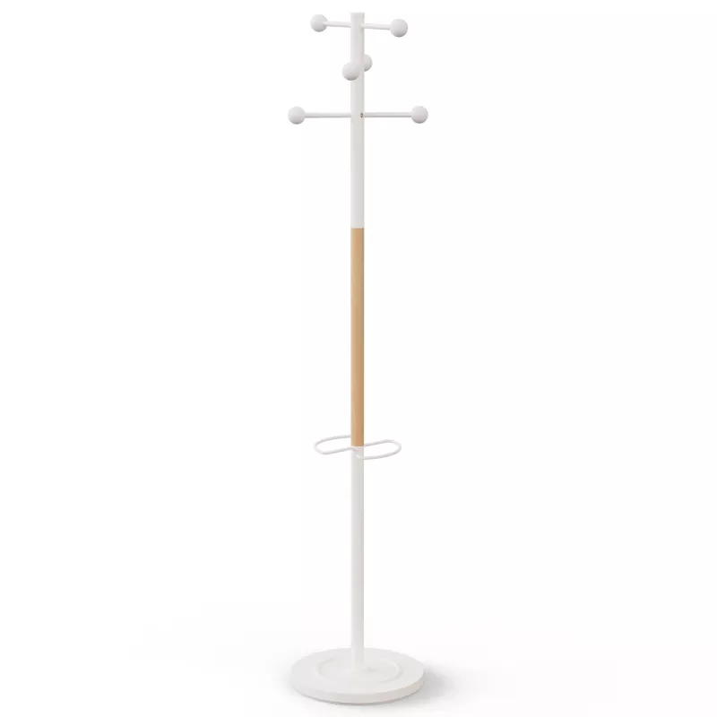 AURA│Porte-manteaux H 178 cm│6 Patères│Blanc / Hêtre