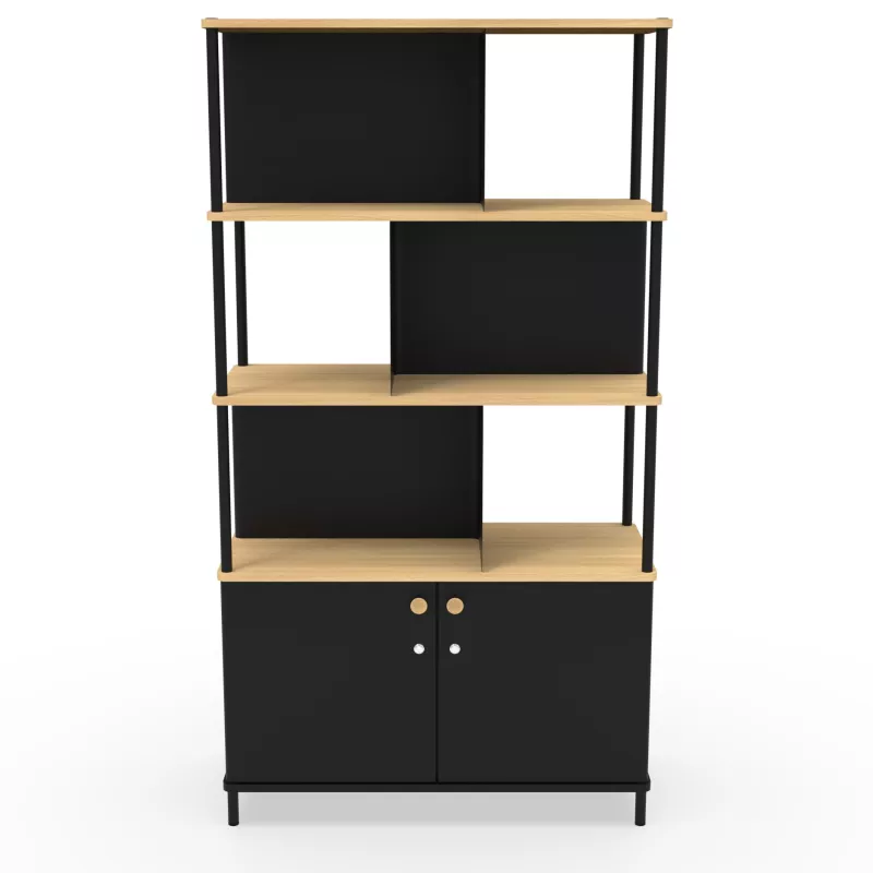 KARL RANGEMENT│Bibliothèque Largeur 100 cm - 2 portes│Noir / Chêne naturel