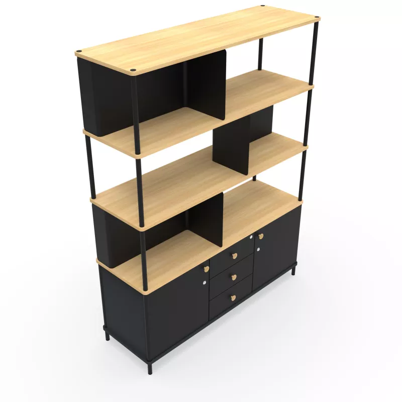 KARL RANGEMENT│Bibliothèque Largeur 141 cm - 2 portes + 3 tiroirs│Noir / Chêne naturel