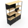 KARL RANGEMENT│Bibliothèque Largeur 141 cm - 2 portes + 3 tiroirs│Noir / Chêne naturel