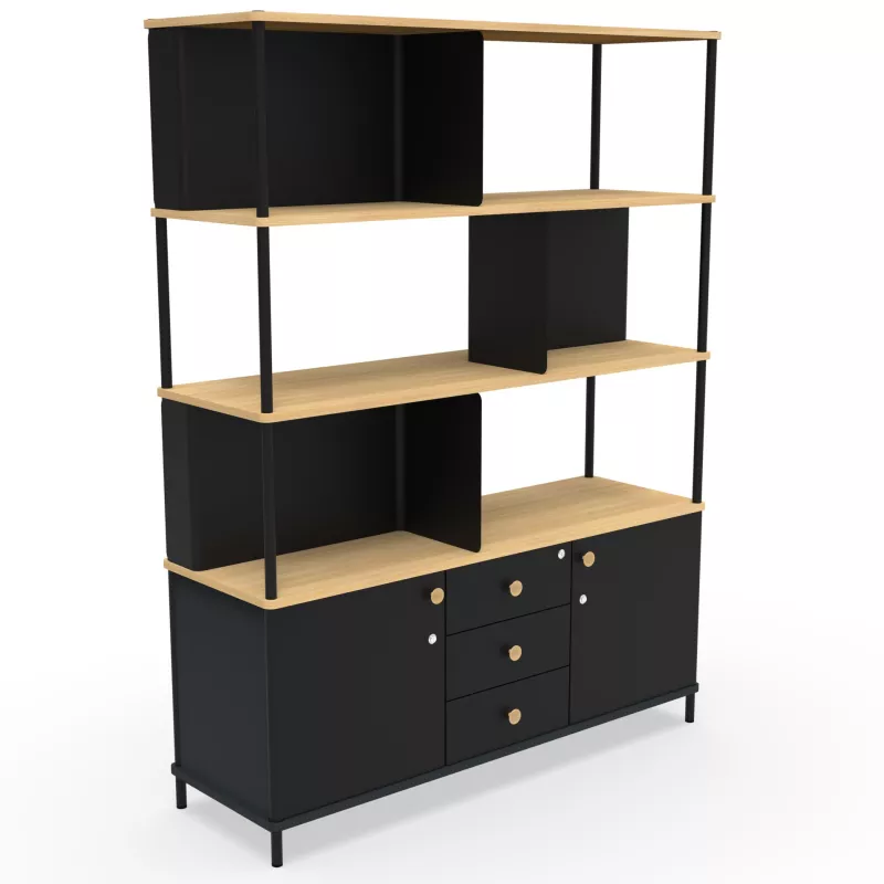 KARL RANGEMENT│Bibliothèque Largeur 141 cm - 2 portes + 3 tiroirs│Noir / Chêne naturel