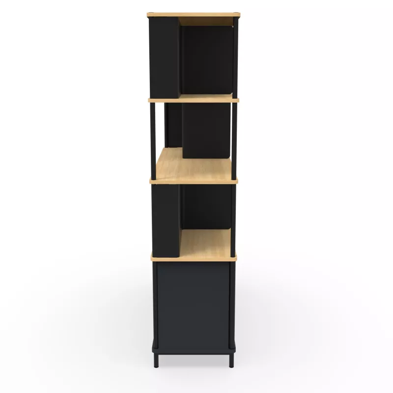 KARL RANGEMENT│Bibliothèque Largeur 141 cm - 2 portes + 3 tiroirs│Noir / Chêne naturel