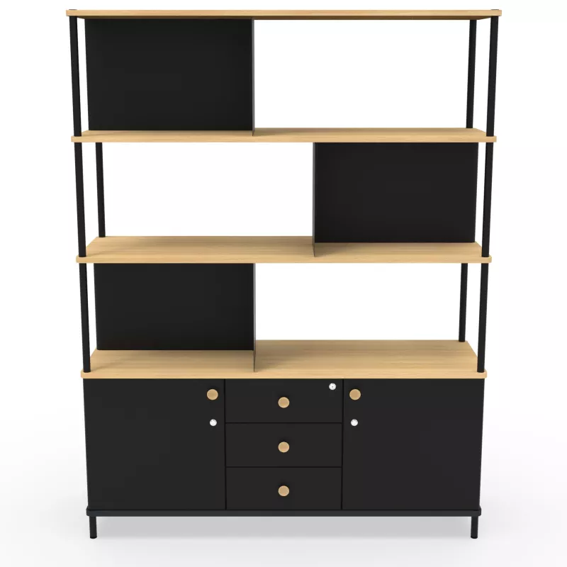 KARL RANGEMENT│Bibliothèque Largeur 141 cm - 2 portes + 3 tiroirs│Noir / Chêne naturel