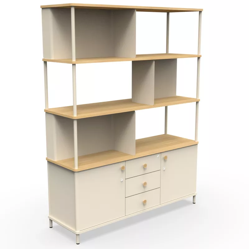KARL RANGEMENT│Bibliothèque Largeur 141 cm avec 2 portes et 3 tiroirs│Lin / Chêne naturel