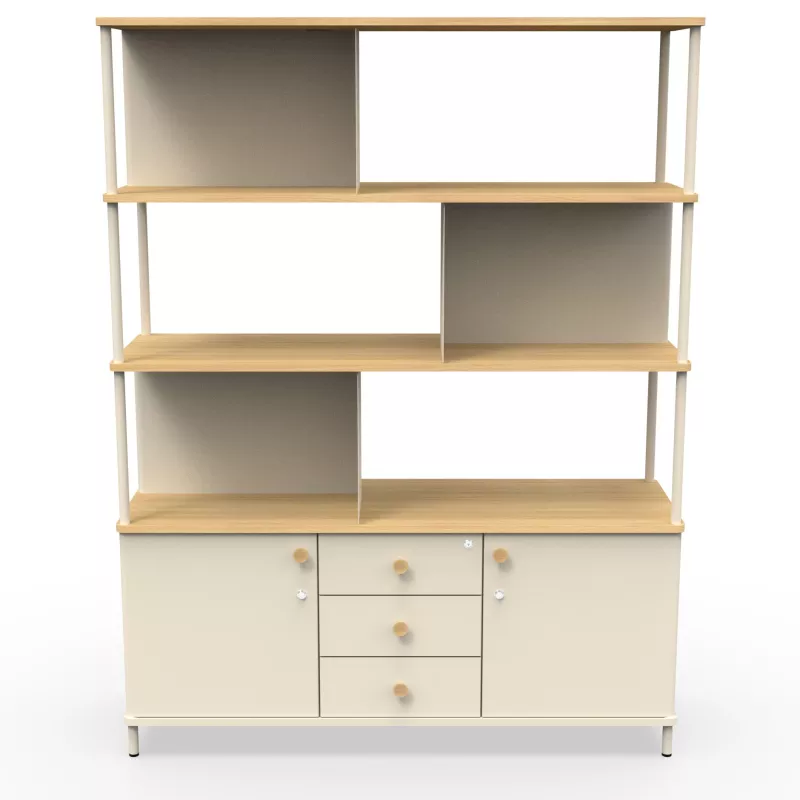 KARL RANGEMENT│Bibliothèque Largeur 141 cm avec 2 portes et 3 tiroirs│Lin / Chêne naturel