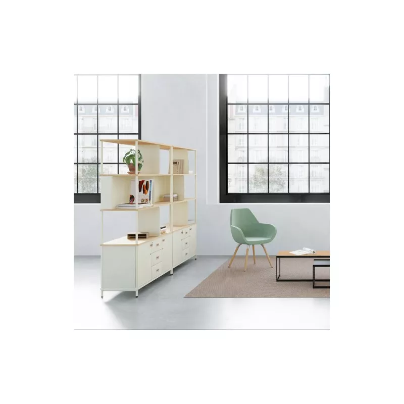 KARL RANGEMENT│Bibliothèque Largeur 100 cm - 2 portes│Lin / Chêne naturel