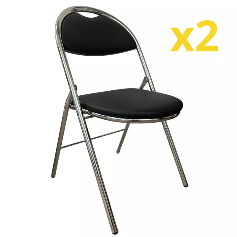 GEO CUIR│Lot de 2 Chaises pliantes similicuir│Noir / Chromé