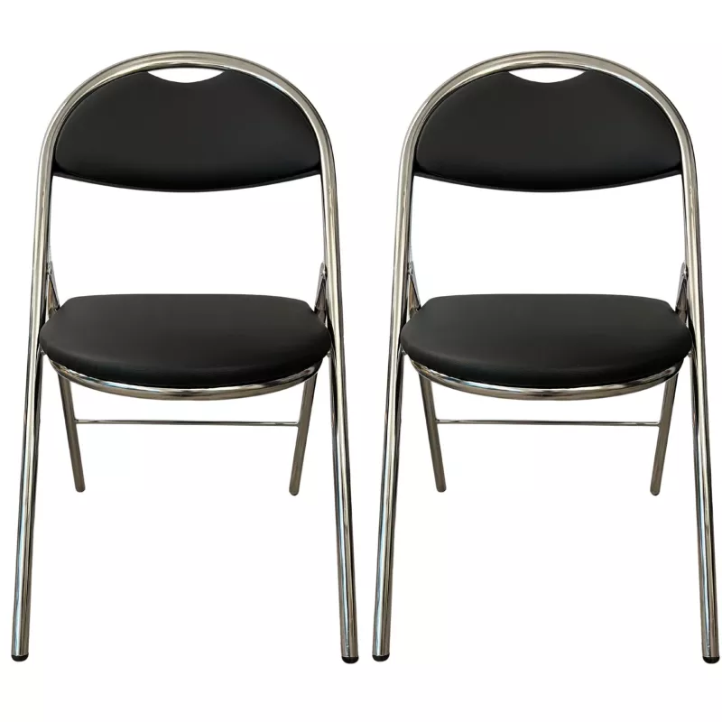GEO CUIR│Lot de 2 Chaises pliantes similicuir│Noir / Chromé