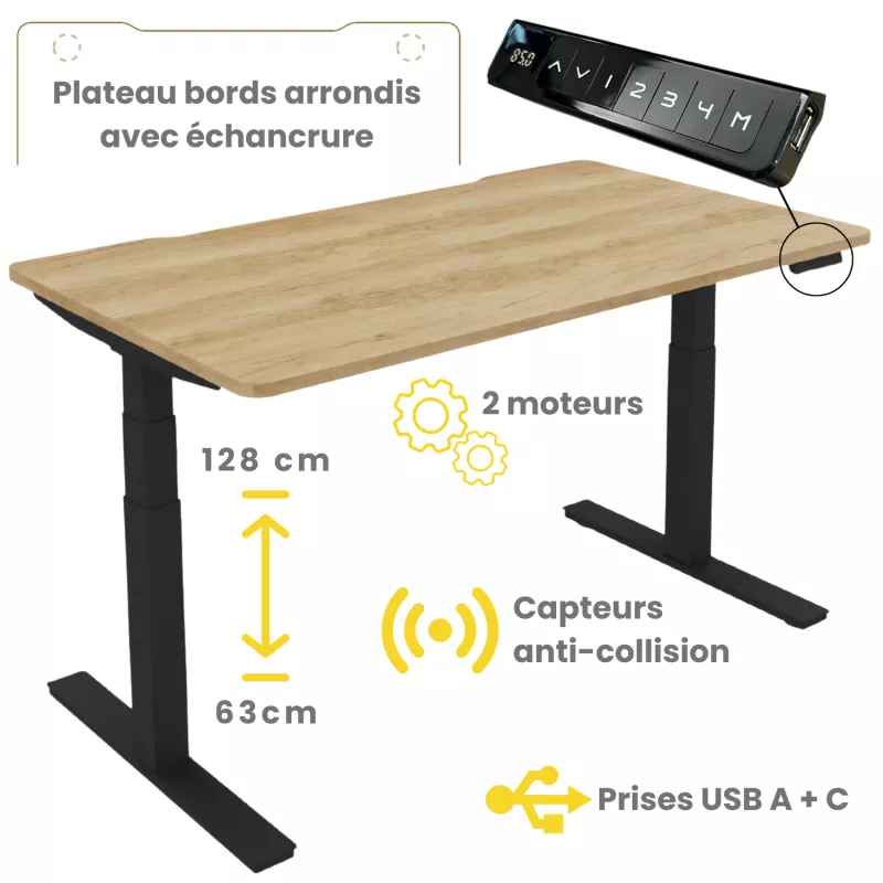 ALTO RH│Bureau électrique 2 moteurs - 4 mémoires de position - USB A+C