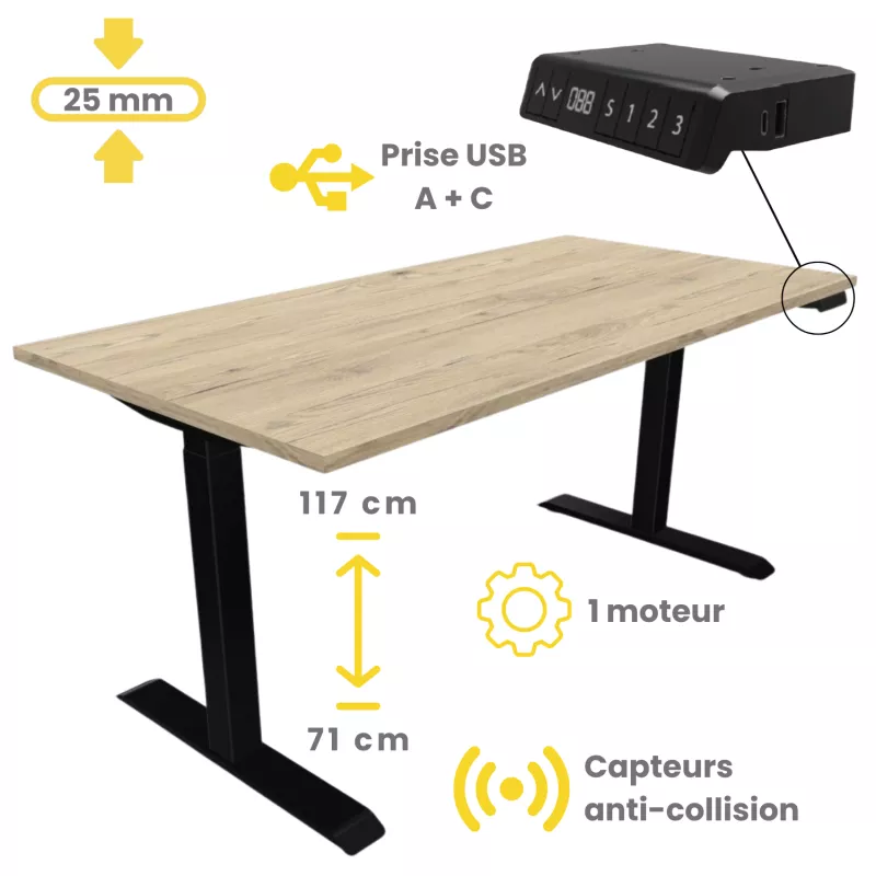 LUTZ 2 épaisseur 25MM│Bureau électrique simple motorisation - 3 mémoires de position - USB A+C