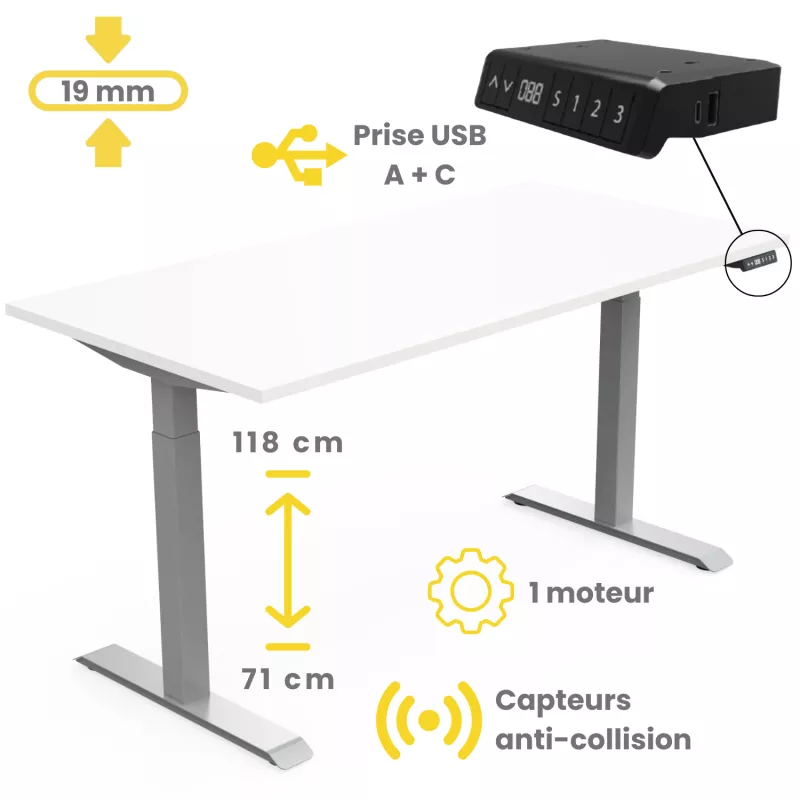 LUTZ 2 épaisseur 19MM│Bureau électrique simple motorisation - 3 mémoires de position - USB A USB C