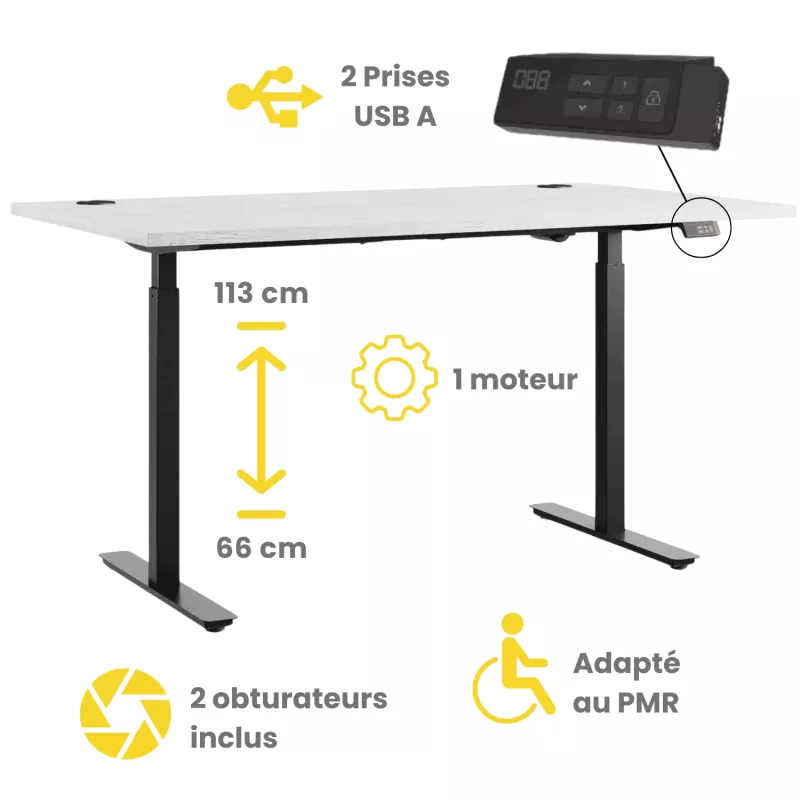 FLEX UP ONE+│Bureau électrique 1 moteur - 2 mémoires de position - 2xUSB A