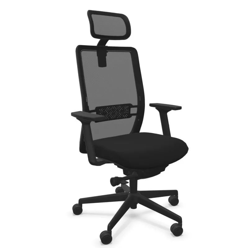 VOLT BLACK│Fauteuil de travail structure noir avec têtière -Dossier résille
