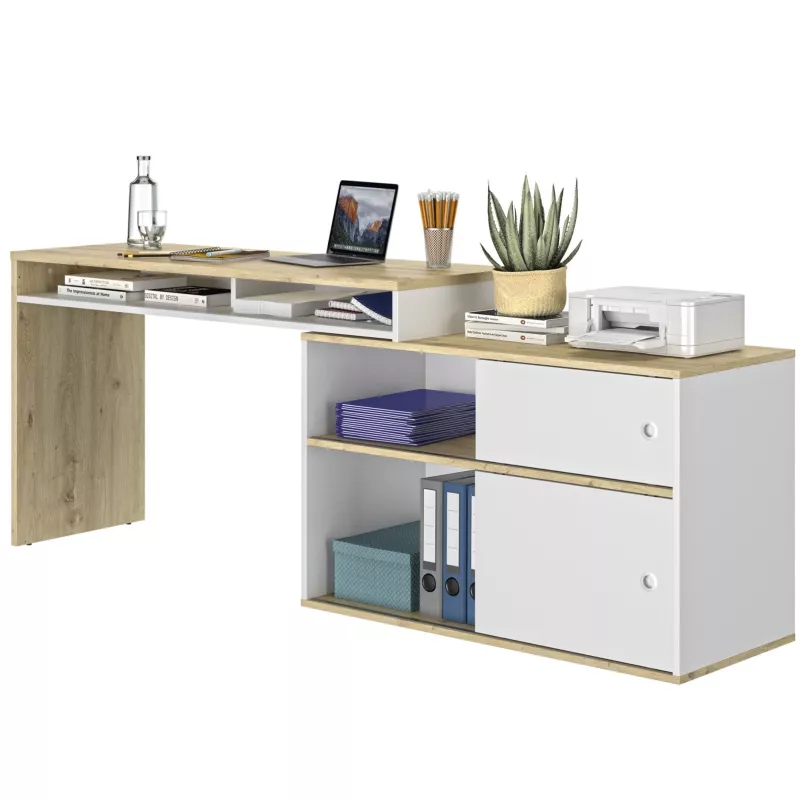 MODULA│Bureau Modulable étagères + porte│Blanc│130/203x45xh62/76 cm