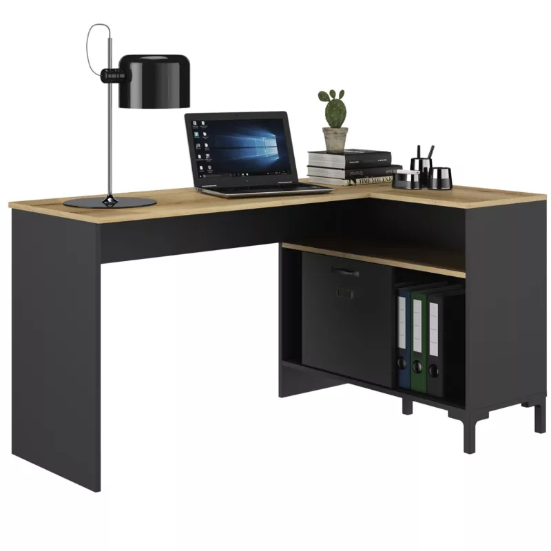 MANCHESTER│Bureau angle étagères + porte coulissante│Noir│136x48/88xh73 cm