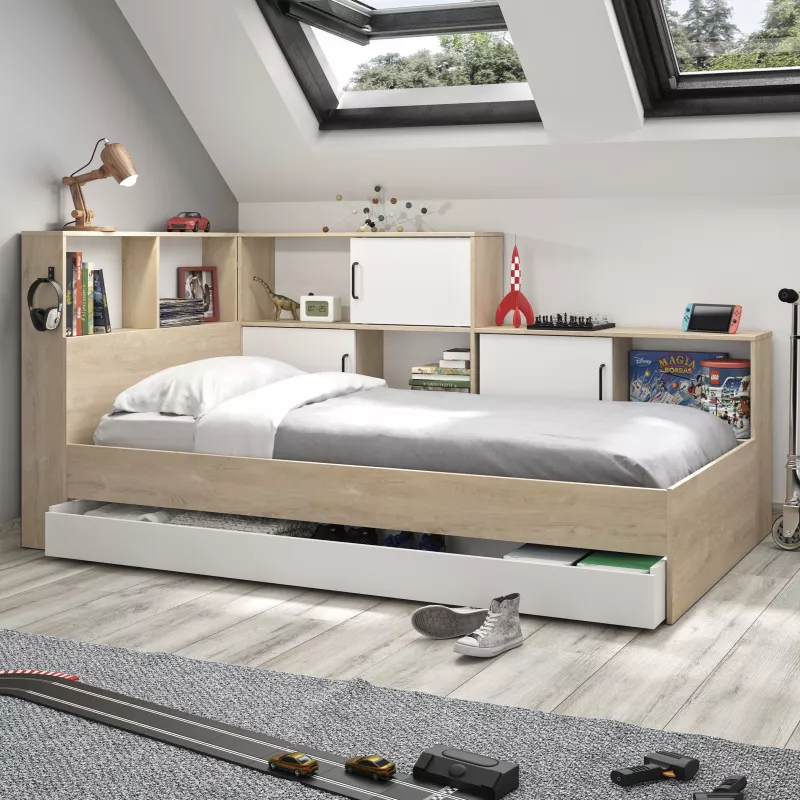 ERWAN│Lit enfant rangements│90x200 cm│Châtaignier naturel