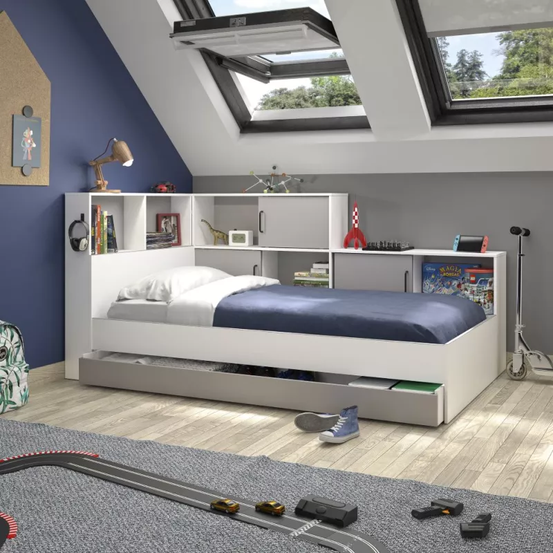 ERWAN│Lit enfant rangements│90x200 cm│Gris moon