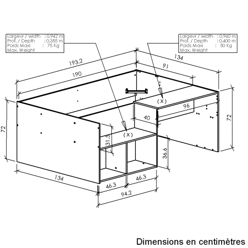 OSCAR│Lit enfant rangements et bureau│90x190 cm│Châtaignier naturel