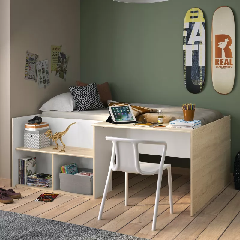 OSCAR│Lit enfant rangements et bureau│90x190 cm│Châtaignier naturel