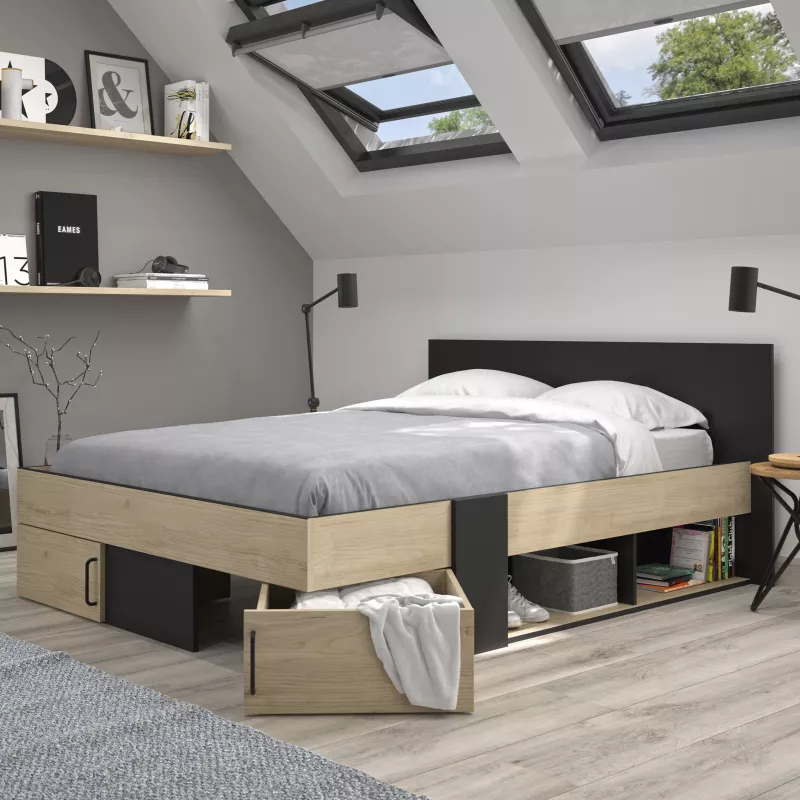 SWIVEL│Lit adultes rangements│140x190 cm│Châtaignier naturel-Noir