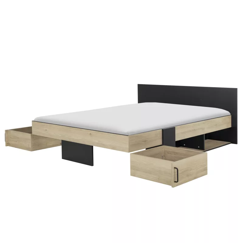 SWIVEL│Lit adultes rangements│160x200 cm│Châtaignier naturel-Noir