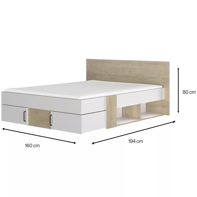 SWIVEL│Lit adultes rangements│140x200 cm│Châtaignier naturel-Blanc
