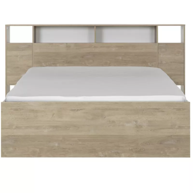 SOLEA│Lit adultes rangements│140x190 cm│Châtaignier naturel-Blanc