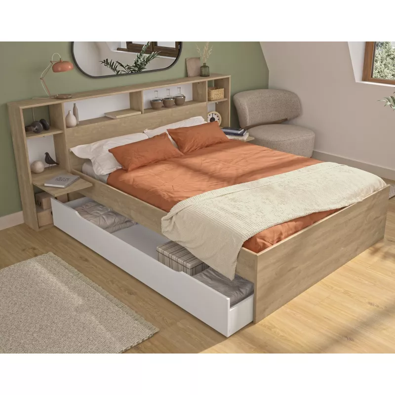 SOLEA│Lit adultes rangements│140x190 cm│Châtaignier naturel-Blanc