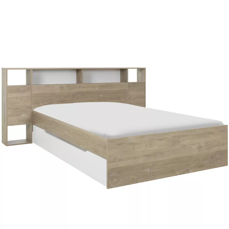 SOLEA│Lit adultes rangements│140x190 cm│Châtaignier naturel-Blanc