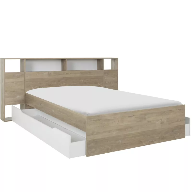 SOLEA│Lit adultes rangements│140x190 cm│Châtaignier naturel-Blanc
