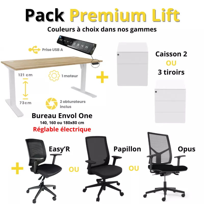 BUROFLEX │Pack Premium Lift│Bureau électrique + Caisson + Chaise